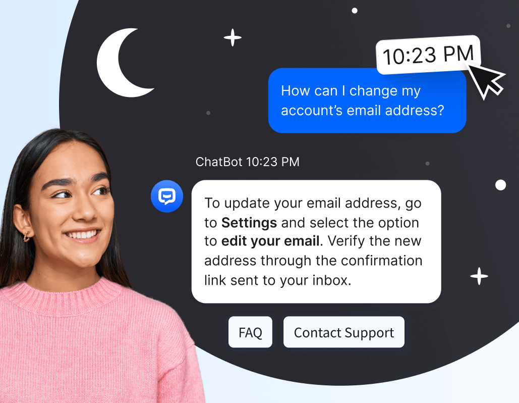 Chatbot conversation about updating an account email address, with buttons redirecting to FAQ and Contact Support pages.