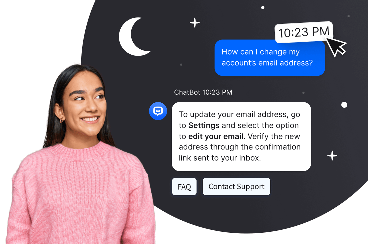 Chatbot conversation about updating an account email address, with buttons redirecting to FAQ and Contact Support pages.