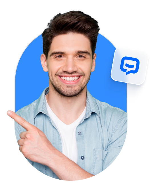 Man smiling and pointing towards a signup section