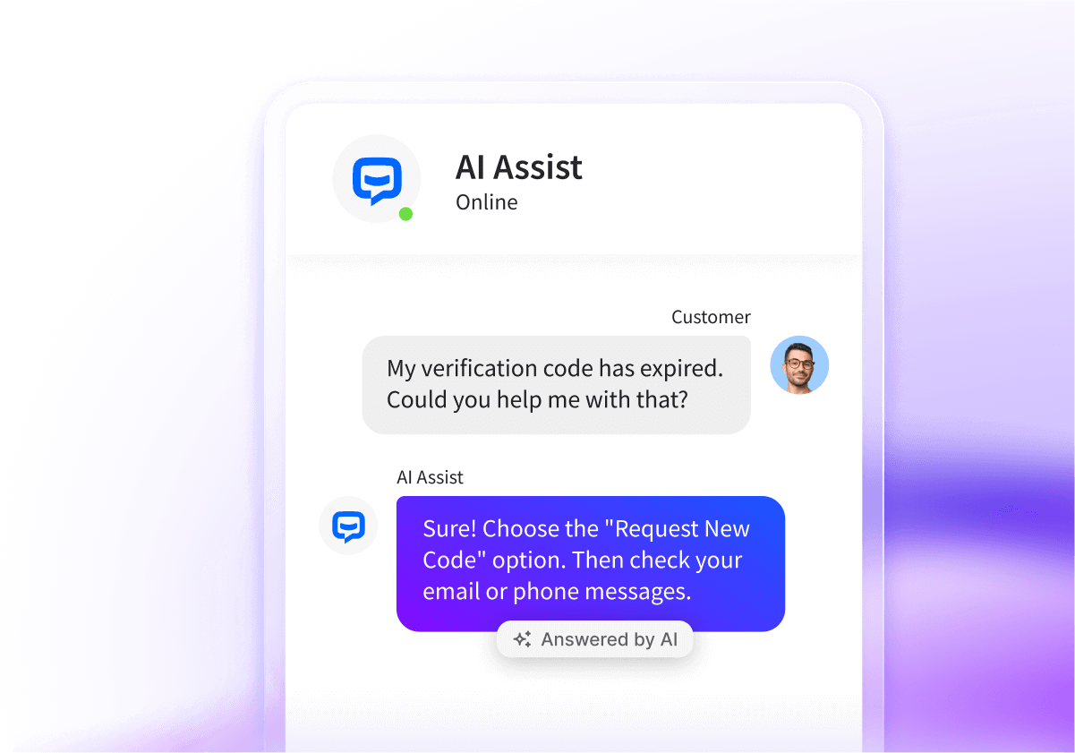 Chatbot widget powered by AI Assist feature, showing a conversation between a customer and an AI bot where the customer requests a new verification code.