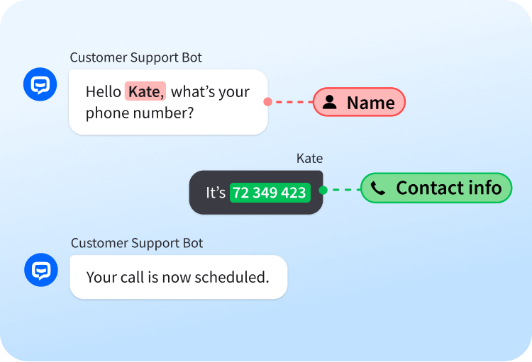 Data collection and personalization in the chatbot widget: name and phone number are collected during the chat.