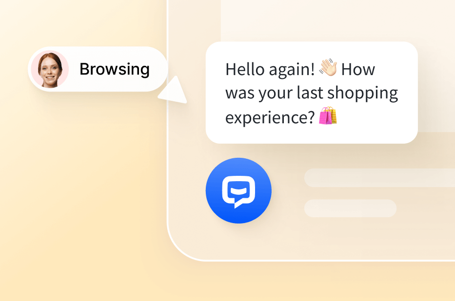 A chatbot displaying a greeting for a woman who is a website visitor, asking about her last shopping experience.