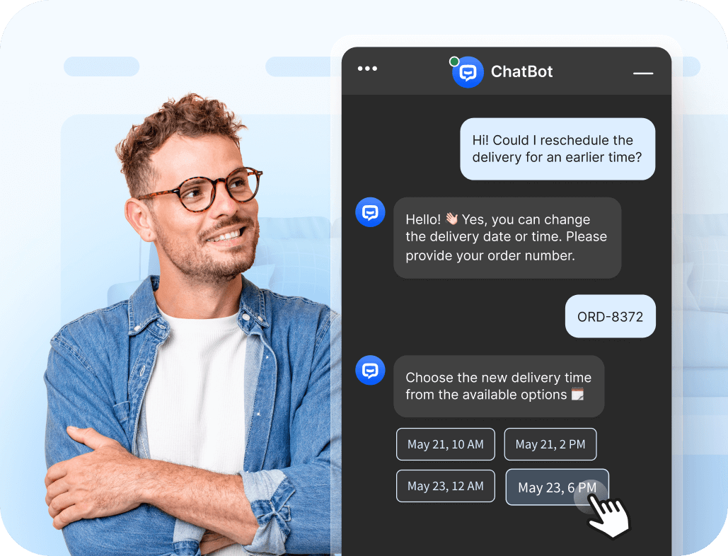 Man standing in front of an ecommerce-themed background, next to a chatbot widget where an AI chatbot helps reschedule a product delivery based on the customer's request via chat.