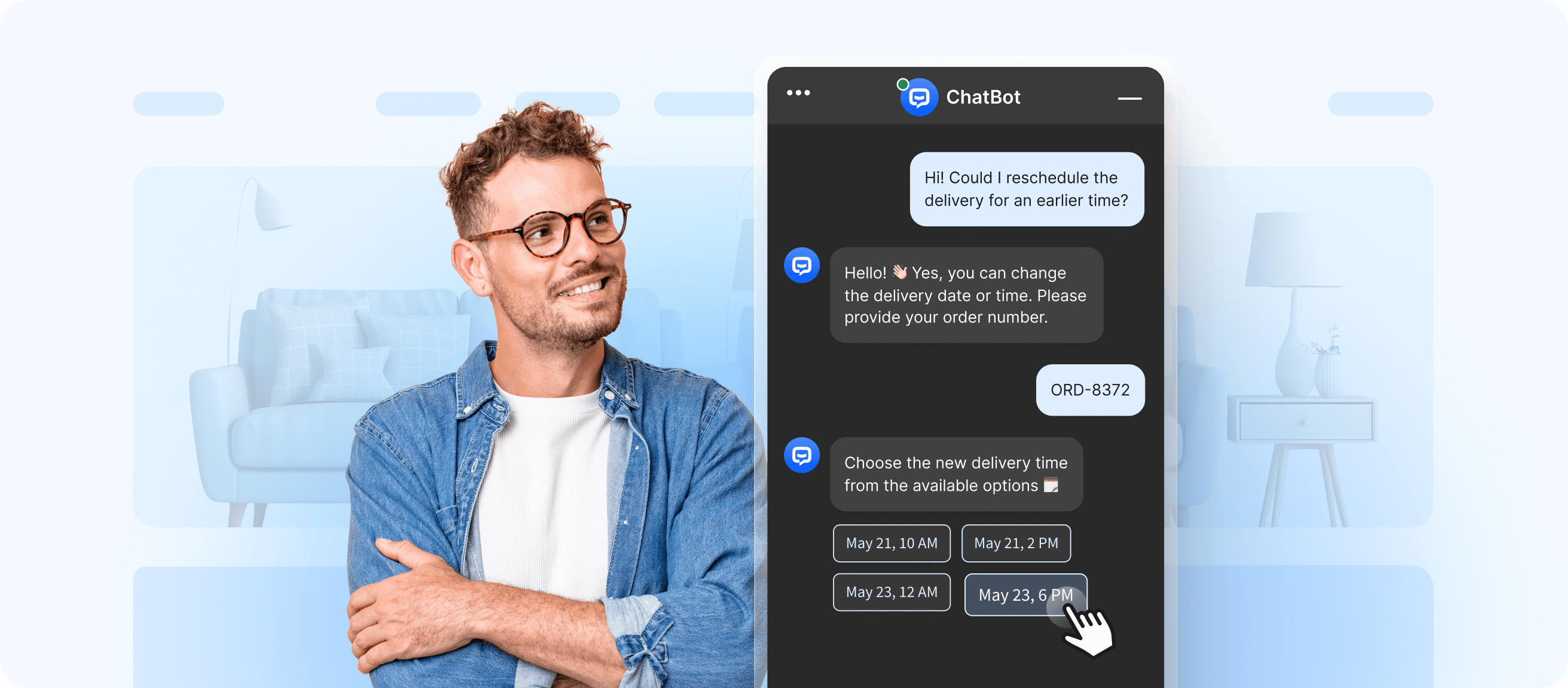 Man standing in front of an ecommerce-themed background, next to a chatbot widget where an AI chatbot helps reschedule a product delivery based on the customer's request via chat.