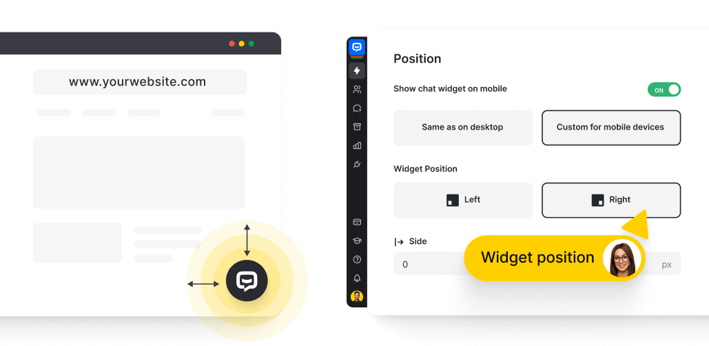 Chatbot widget's bubble placement on the website and position settings in the ChatBot app.