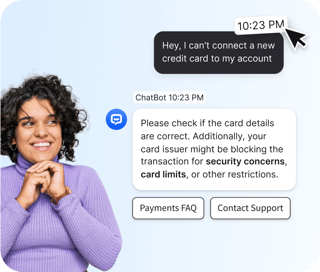 A conversation between the chatbot integrated with LiveChat and the user. The user have issues related to payment and credit card details. The bot responds with possible reasons and related help center links.