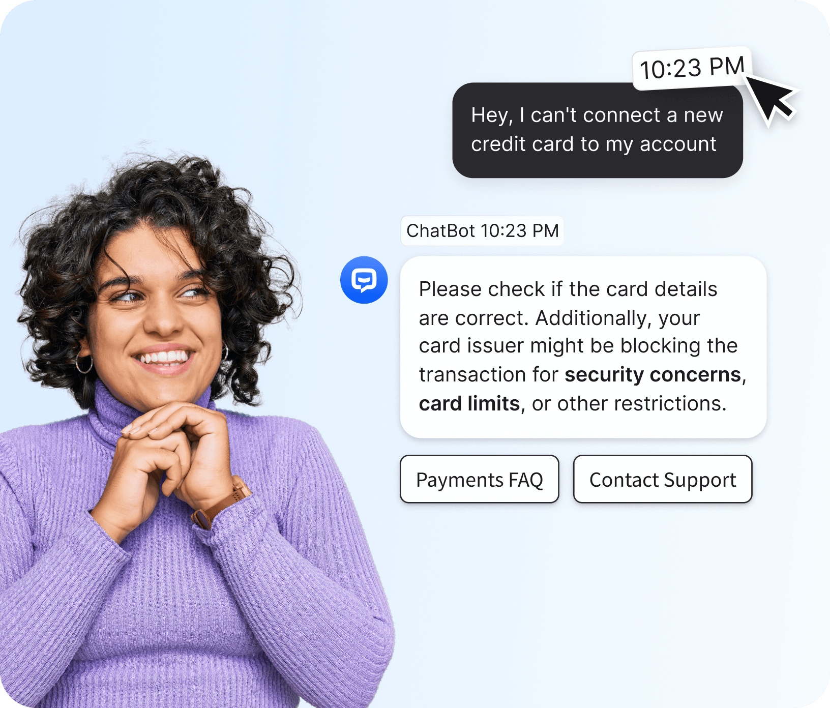 A conversation between the chatbot integrated with LiveChat and the user. The user have issues related to payment and credit card details. The bot responds with possible reasons and related help center links.