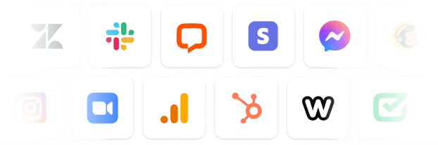 Logos of popular platforms integrated with AI customer service chatbots, including Slack, Facebook Messenger, WordPress, Shopify, BigCommerce, Squarespace, Wix, and Weebly — showcasing how AI-powered chatbots connect across multiple channels and messaging apps to improve customer support, streamline workflows, and enhance customer experience.