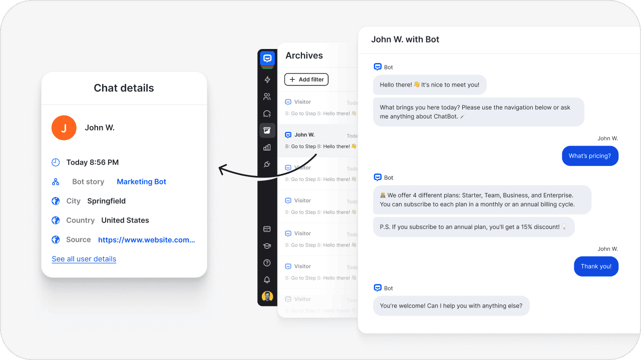 Customer data management system with chat archives to analyze customer behavior and streamline customer support