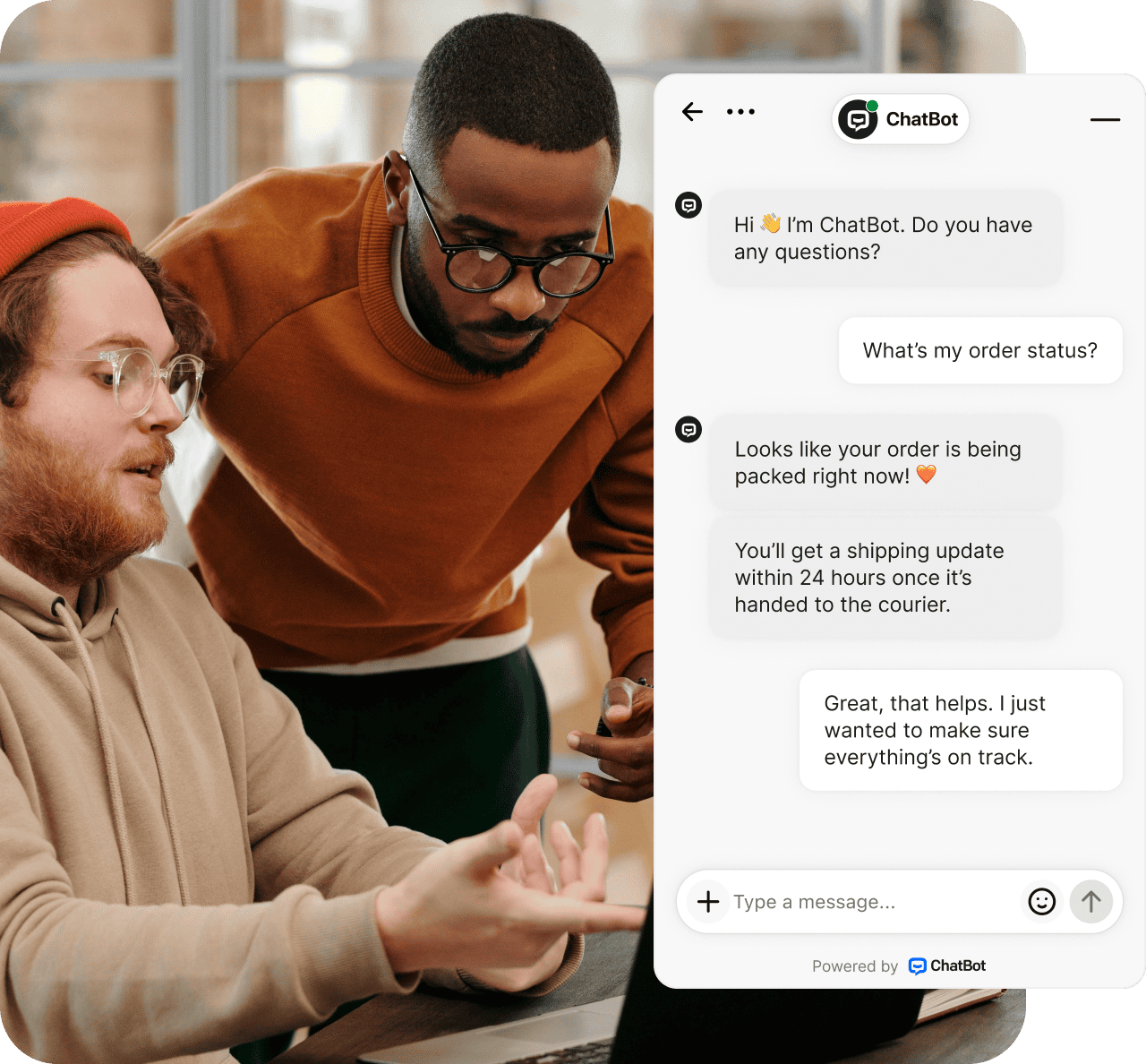 AI chatbot for retail providing order tracking and instant answers about shipping status through conversational AI platform on mobile device demonstrating customer support automation