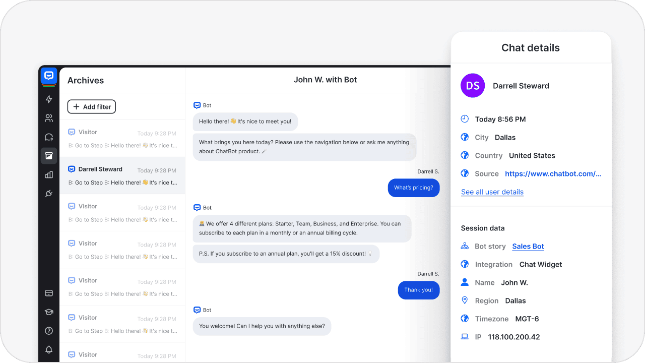 Chat archives dashboard displaying customer conversations history with support channels and live agents handoff tracking