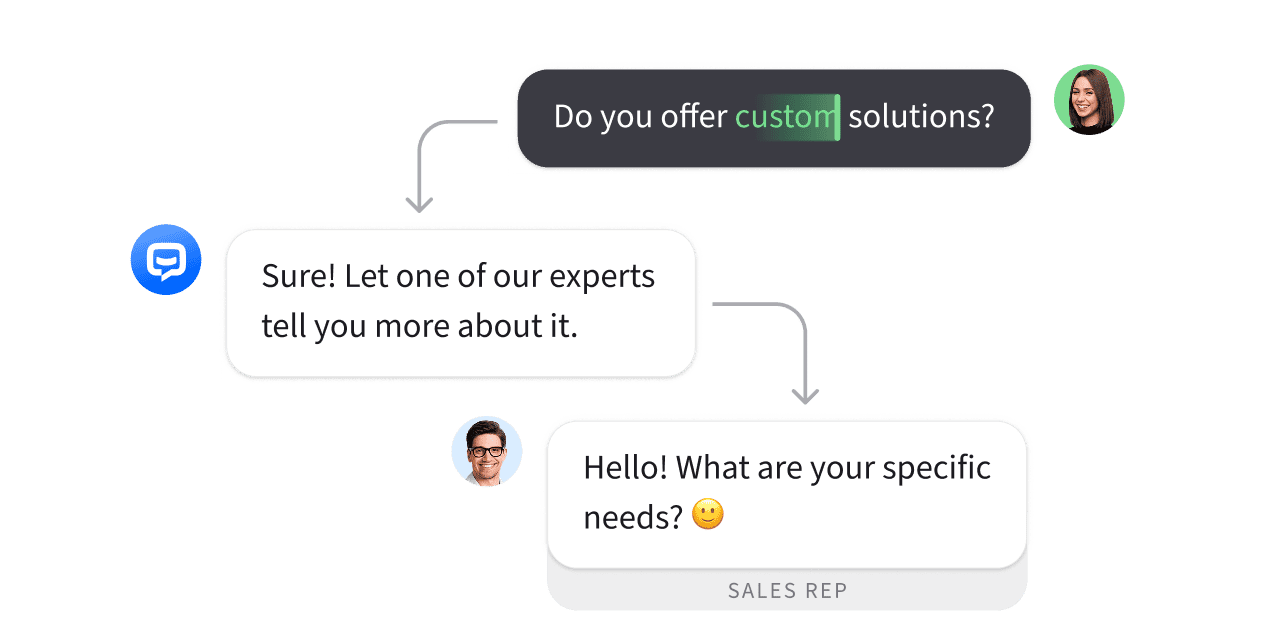 AI sales chatbot engaging customer with personalized conversation before routing high intent lead to live sales rep