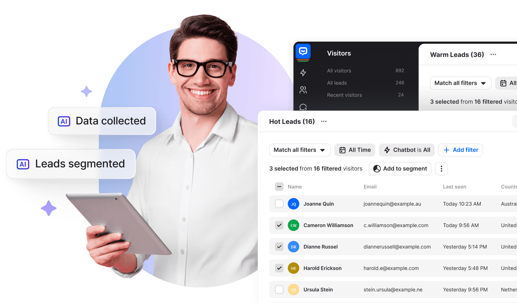 AI sales chatbot dashboard showing lead qualification and segmentation with hot leads and warm leads for sales team to qualify leads automatically