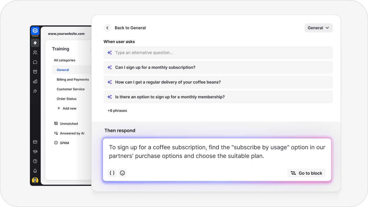 Conversational AI training interface showing natural language processing setup for answer questions automation and customer support