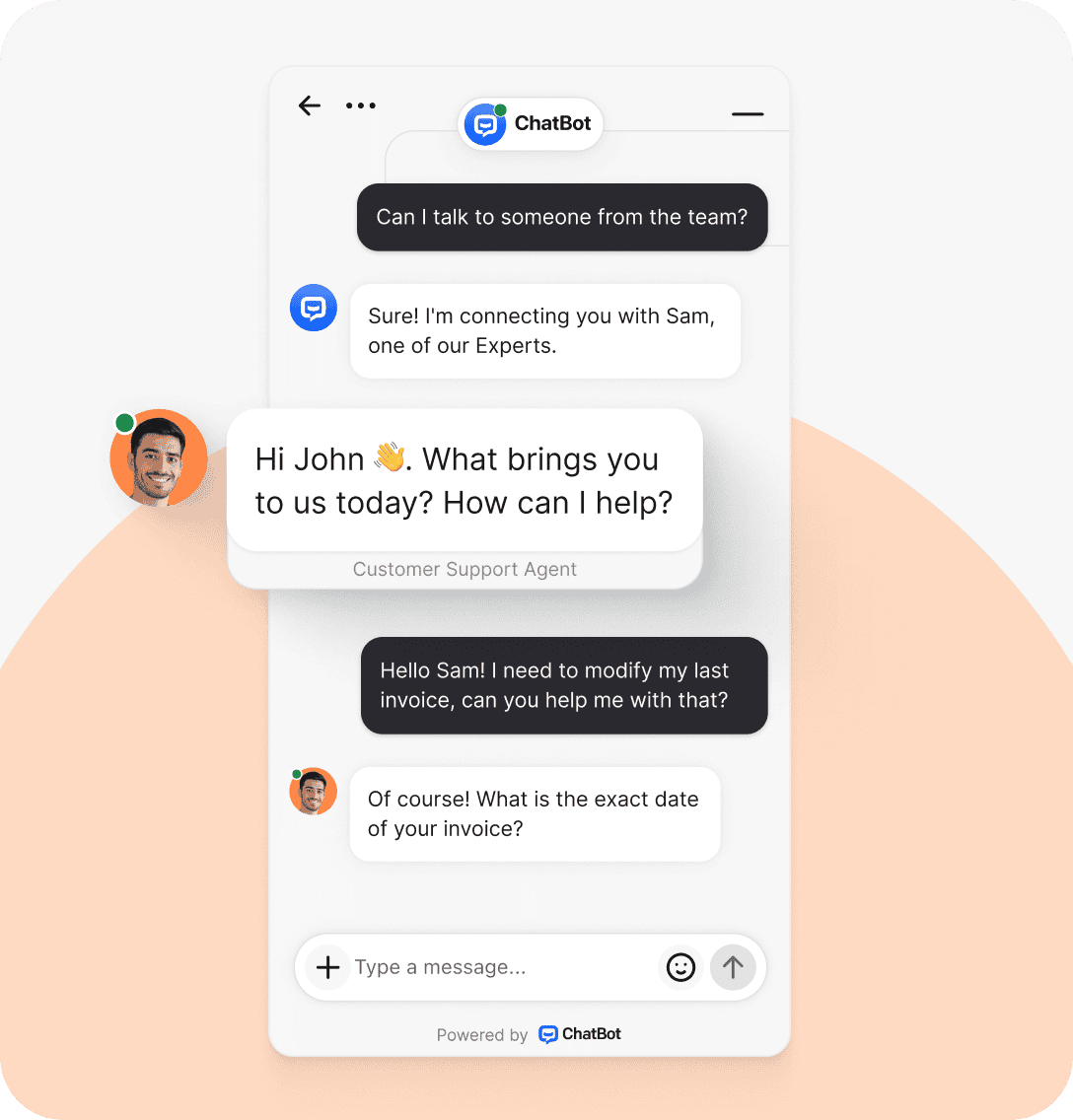Smart assistant seamlessly transferring qualified leads from AI sales chatbot to human agents and sales team for personalized conversations
