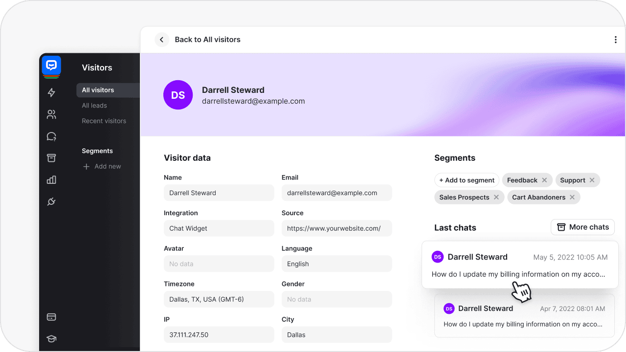 Website visitors tracking panel displaying customer information, customer queries and actionable insights for lead generation