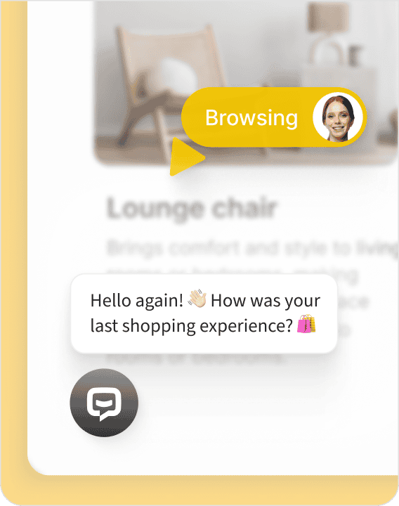 AI chatbot greeting a returning customer while browsing products online. Highlights proactive customer support, personalized interactions, and conversational AI improving customer experience across multiple channels and e-commerce platforms.