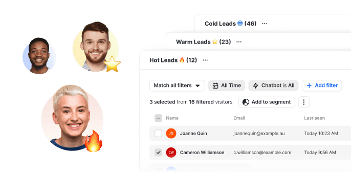 AI sales chatbot dashboard showing lead qualification with cold leads warm leads and hot leads segmented for sales team