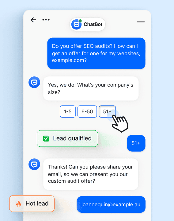 Lead generation chatbots capturing and qualifying leads while support teams organize hot leads for sales process optimization.