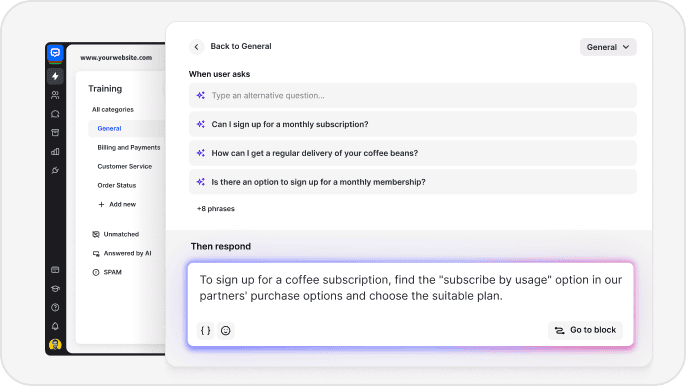 Conversational AI training interface showing natural language processing setup for answer questions automation and customer support