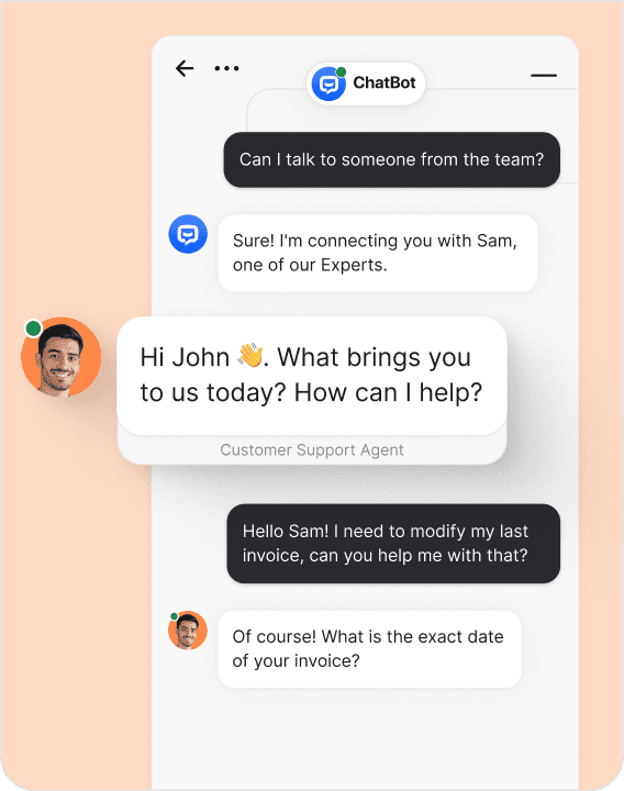 Smart assistant seamlessly transferring qualified leads from AI sales chatbot to human agents and sales team for personalized conversations