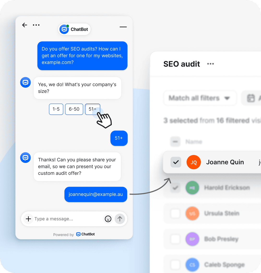 Customer chatting with an AI-powered chatbot to request an SEO audit offer. Depicts how AI customer service chatbots collect customer data, qualify leads, and streamline support workflows through automated, accurate responses.