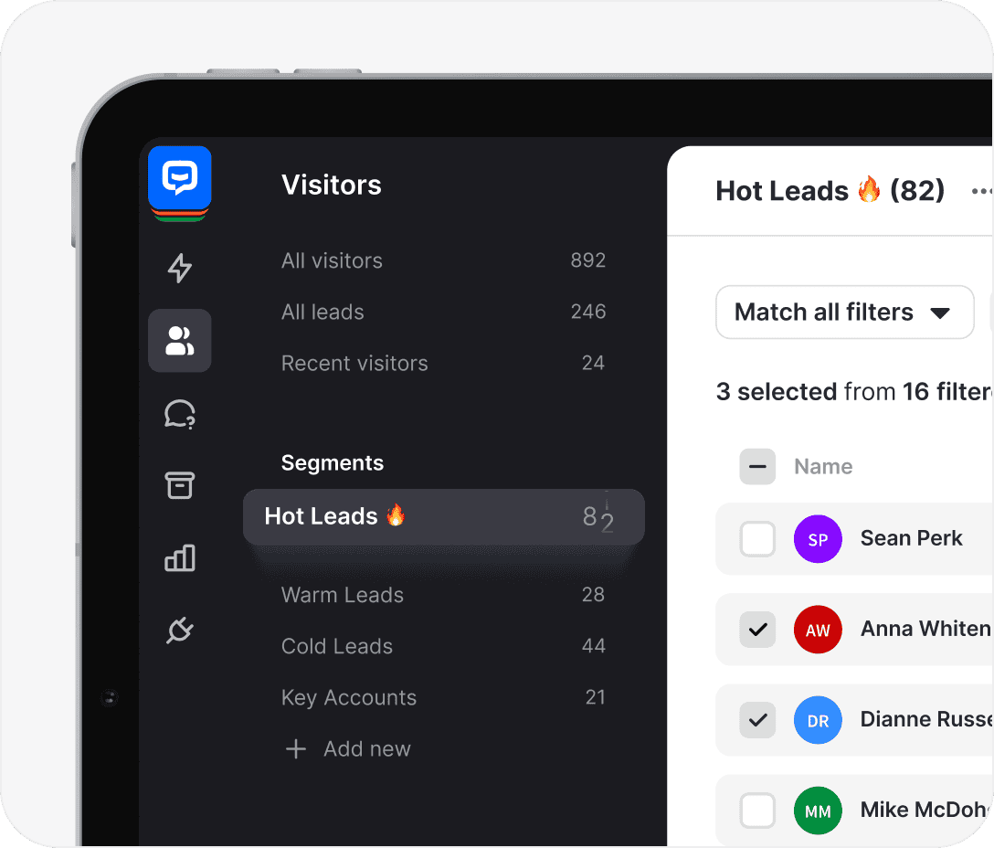 Chatbot lead management interface showing hot leads and customer segments. Demonstrates how AI-powered chatbots analyze customer behavior and segment data to optimize sales, improve customer experience, and automate repetitive tasks.