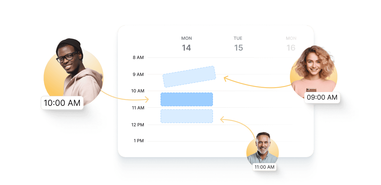AI customer service chatbot scheduling meetings automatically for multiple users. Illustrates how AI-powered chatbots and agents handle repetitive tasks, provide proactive support, and improve customer experience through automated workflows and accurate responses.
