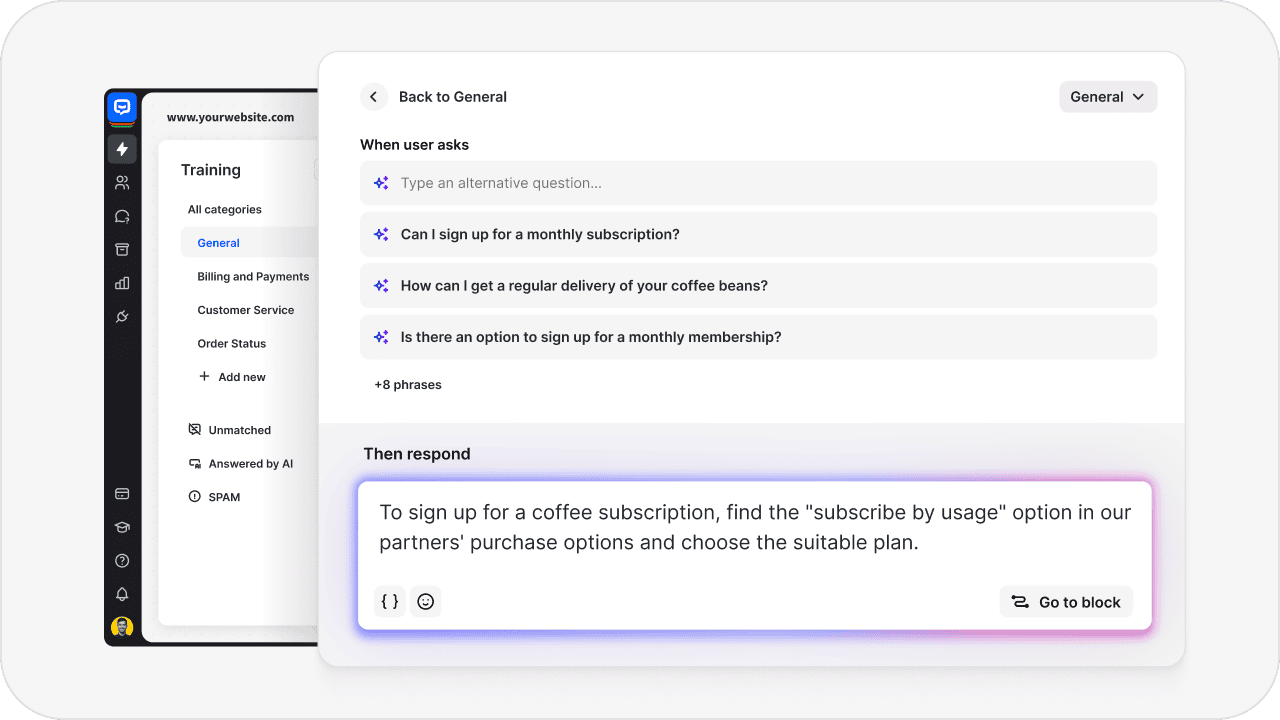 AI-powered customer service chatbot training interface showing automated responses and keyword phrases. Demonstrates how conversational AI and machine learning streamline customer support, handle repetitive tasks, and improve response accuracy for complex queries.