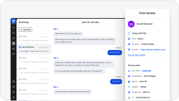 AI customer service chatbot dashboard displaying archived chats and user details. Highlights how AI-powered chatbots manage customer data, provide consistent support, and improve customer experience through automated workflows and detailed conversation tracking.