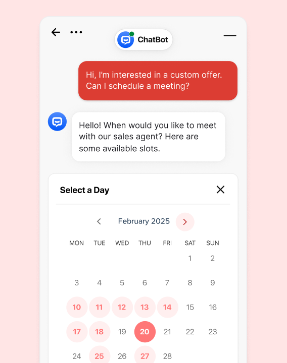 AI chatbot scheduling a sales meeting through an interactive calendar. Demonstrates conversational AI automating customer interactions, providing self-service options, and improving response accuracy with instant support.