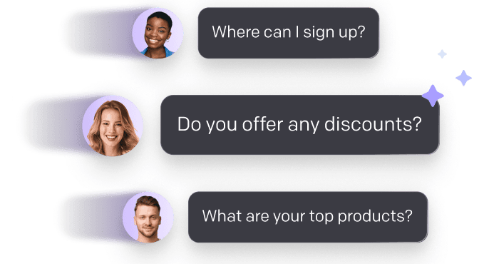 Chat interface showing customers asking questions like "Where can I sign up?", "Do you offer any discounts?", and "What are your top products?"—illustrating how AI-powered customer service chatbots handle customer queries through conversational AI and natural language processing to provide instant, accurate answers, improve customer satisfaction, and streamline customer support across multiple channels.