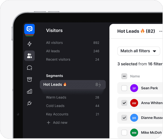 Chatbot lead management interface showing hot leads and customer segments. Demonstrates how AI-powered chatbots analyze customer behavior and segment data to optimize sales, improve customer experience, and automate repetitive tasks.