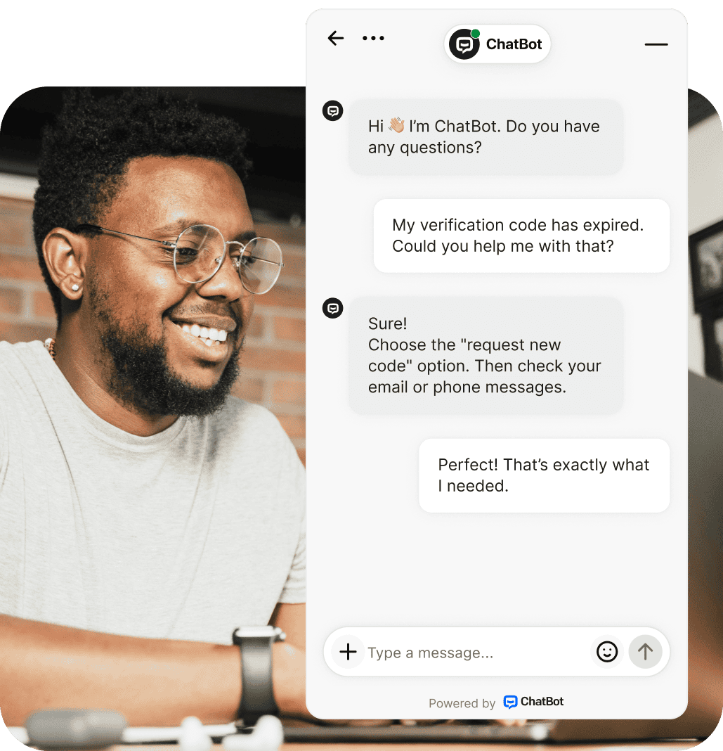 Smiling customer chatting with an AI-powered customer service chatbot on a laptop. The chatbot provides instant support and accurate answers to customer queries using conversational AI and machine learning. Demonstrates how AI customer service chatbots improve customer satisfaction, streamline support, and reduce repetitive tasks for human agents while ensuring consistent and accurate responses across multiple channels.